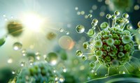 Microscopic view of coronavirus cell structure with water droplets and sunlight creating bokeh effect in green tones, scientific visualization.
