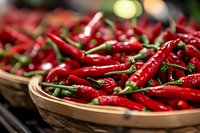 Fresh red hot chili peppers in wicker basket at farmers market. Spicy cayenne peppers with green stems for cooking, seasoning and culinary ingredients.