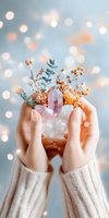 Feminine hands holding rose quartz crystal cluster with dried flowers and eucalyptus against bokeh background. Soft pastel aesthetic with magical healing atmosphere.