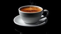 Hot espresso coffee cup with rich crema foam on saucer against black background for cafe menu design and beverage advertising materials.