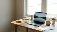 Modern home office workspace with laptop computer on wooden desk near window for remote work productivity and freelance business setup.