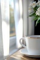 Elegant white porcelain teacup with gold rim near window, soft natural light casting shadows through sheer curtain, white narcissus flowers in background.