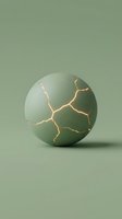 Sage green sphere with golden crack patterns on neutral background, symbolizing broken resilience, damage, or fragility for design and conceptual projects.