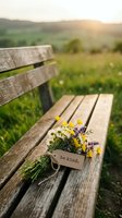 Wildflower bouquet with be kind tag on rustic wooden bench in sunny meadow, spreading positivity and kindness in nature setting.