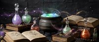 Magical alchemy laboratory with glowing potions, spell books, cauldron and mystical bottles for fantasy gaming, witchcraft themes and Halloween designs.