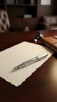 Vintage fountain pen resting on aged parchment paper with ink bottle and leather journal on wooden desk creating classic writing atmosphere.
