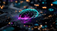 Glowing neon brain on circuit board with purple and turquoise light effects, representing artificial intelligence and machine learning technology on dark background.