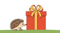 Cute hedgehog standing next to large red gift box with golden ribbon bow on green grass, isolated on white background for greeting cards and holiday designs.