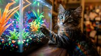 Tabby kitten with wide eyes gazing at colorful aquarium with glowing plants and fish, curious pet watching aquatic life indoors.