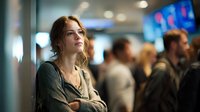 Young Caucasian woman with thoughtful expression in crowded public space, arms crossed, wearing casual attire against blurred background of people and digital displays.