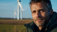 Middle-aged Caucasian man engineer smiling at wind farm during golden hour. Renewable energy worker portrait with turbines in background for sustainability.