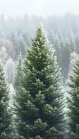 Majestic evergreen pine tree covered in frost stands tall among misty winter forest landscape, creating serene natural atmosphere in cold mountain environment.