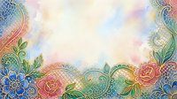 Ornate floral border with colorful flowers, decorative swirls, and intricate patterns on soft watercolor background. Isolated design element for invitations, cards, and digital projects.