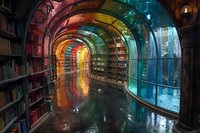 Colorful rainbow tunnel in magical library with curved bookshelves and glass wall revealing underwater scene, creating dreamlike reading atmosphere.