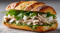 Gourmet turkey sandwich with fresh arugula and pesto on artisan bread, perfect for restaurant menus, food blogs, and culinary marketing materials.