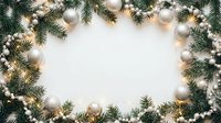 Festive Christmas frame with evergreen branches, golden ornaments and warm lights creating elegant holiday border on white background for seasonal designs.