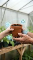 Two hands holding terracotta pot with soil in greenhouse, surrounded by floating sustainability icons including atom, recycling symbol, and globe representing eco-friendly gardening and environmental conservation.