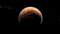 Red planet Mars in dark space showing surface details and atmosphere glow against starry background, scientific space exploration concept.