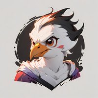 Stylized white eagle character with expressive orange eyes and purple clothing against dark circular background. Anime-inspired mascot design for gaming or branding.
