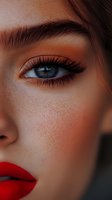 Close-up portrait featuring bright red lipstick, blue eyes with long lashes, and natural freckles against soft skin. Dramatic makeup artistry highlights feminine beauty.