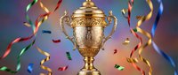 Golden trophy cup with ornate handles surrounded by colorful confetti and ribbons celebrating victory achievement success in competition sports tournament.