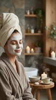 Young woman enjoying spa treatment with facial mask and towel wrap in luxury bathroom with candles and natural skincare products for wellness relaxation.