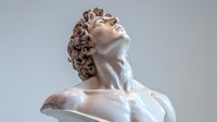 Classical marble sculpture of male torso with curly hair looking upward in dramatic pose against neutral background, showcasing Renaissance art style and anatomical detail.