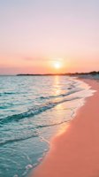 Serene coastal landscape at sunset with gentle waves rolling onto pink sand beach, golden sun reflecting on calm ocean water, perfect for travel and wellness content.