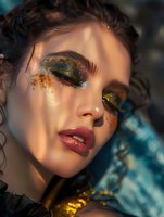 Creative beauty portrait with glitter makeup in turquoise and gold tones. Dramatic lighting creates soft shadows on face. Perfect for cosmetics advertising and fashion editorials.