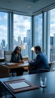 Two professionals engaged in a business meeting in a high-rise office with panoramic city skyline views through floor-to-ceiling windows. Female executive of South Asian descent wearing glasses and dark blazer sits across from male colleague in blue suit at wooden desk. Modern corporate workspace ideal for business, leadership, negotiation and corporate communication concepts.