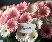 Pink and white gerbera daisies arrangement with Happy Birthday message card nestled among fresh blooms, creating soft and romantic celebratory mood.