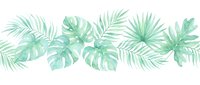 Watercolor tropical foliage border with monstera and palm leaves in soft green tones, isolated on white background for design projects.
