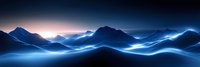 Mystical mountain landscape with glowing blue light trails flowing through dark peaks against dramatic night sky, creating ethereal atmospheric scene.