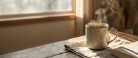 Steaming coffee mug on wooden table with morning sunlight streaming through window creating warm atmosphere for relaxation and comfort at home.