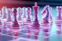 Chess pieces on glowing neon grid surface with pink and blue lighting effects, focusing on king and pawn figures in modern futuristic style.