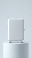 White hardshell carry-on suitcase on a minimalist pedestal against a light background, showcasing modern travel luggage design.