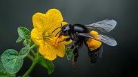 Large bumblebee collecting pollen from yellow buttercup flower against dark background, macro photography shows detailed wings and fuzzy body in nature setting.