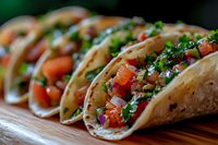 Fresh Mexican tacos filled with diced tomatoes, chopped cilantro, and seasoned meat served on rustic wooden board, close-up view showing vibrant ingredients and texture.