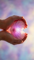 Hands gently holding a glowing pink crystal heart with radiant light, soft purple bokeh background, symbolizing love, healing, and spiritual energy.