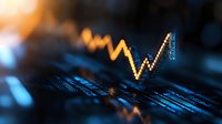 Glowing golden stock market chart line showing financial data analysis and trading volatility against dark digital background with selective focus.