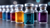 Glass medical vials with colorful liquid samples in laboratory setting, arranged in row with selective focus on turquoise solution and bokeh background effect.