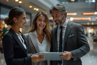 Three diverse business professionals laughing together while reviewing tablet in modern office lobby during corporate meeting or consultation.