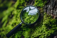 Magnifying glass on tree bark covered with bright green moss reveals detailed texture and natural patterns in forest environment. Perfect for ecology concepts.