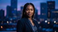 Professional African American businesswoman in dark suit against blurred city skyline at dusk. Corporate portrait for business and career concepts.