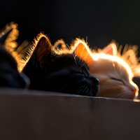 Silhouette of two sleeping cats backlit by warm sunlight creating golden glow around their fur and whiskers against dark background. Peaceful pet portrait.