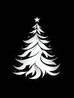 White stylized Christmas tree silhouette with star topper and snowflakes on black background, isolated design element for holiday decorations and cards.