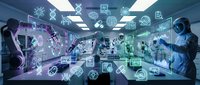 Diverse team of professionals collaborating in futuristic digital workspace with holographic technology interfaces and data visualization elements.