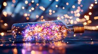 Magical glowing bottle with sparkles and bokeh lights on dark background, creating dreamy atmosphere. Artistic macro photography with reflection effect.