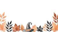 Autumn leaves and witch hat arranged in decorative border on white background, isolated clipart for fall designs, seasonal graphics, and holiday projects.