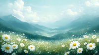 Blooming daisies on mountain meadow with misty peaks and valley in background, soft morning light creates dreamy spring atmosphere.